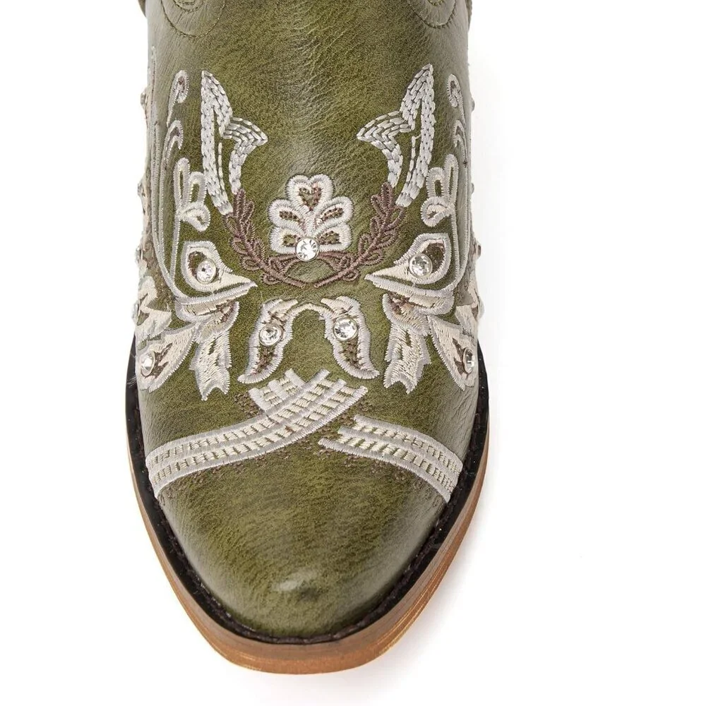 Women Faux Leather Green Rhinestones Embroidered Chunky Heel Knee High Boot
